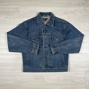 Vintage J.Crew Mens Denim Trucker Jacket Size Medium Dark Wash Hong‎ Kong Made